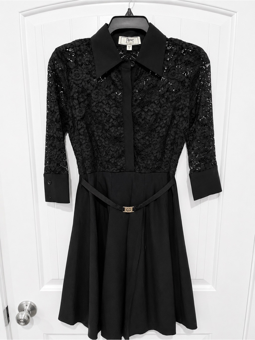 Miss May Black Lace Collared Fit & Flare Dress Size Small Belted